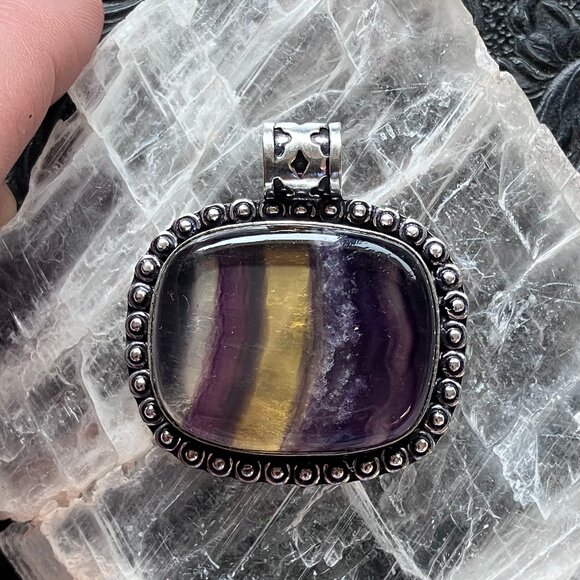 Yellow and Purple Rainbow Fluorite And Citrine Crystal Stone Jewelry Pendant - Picture 6 of 7